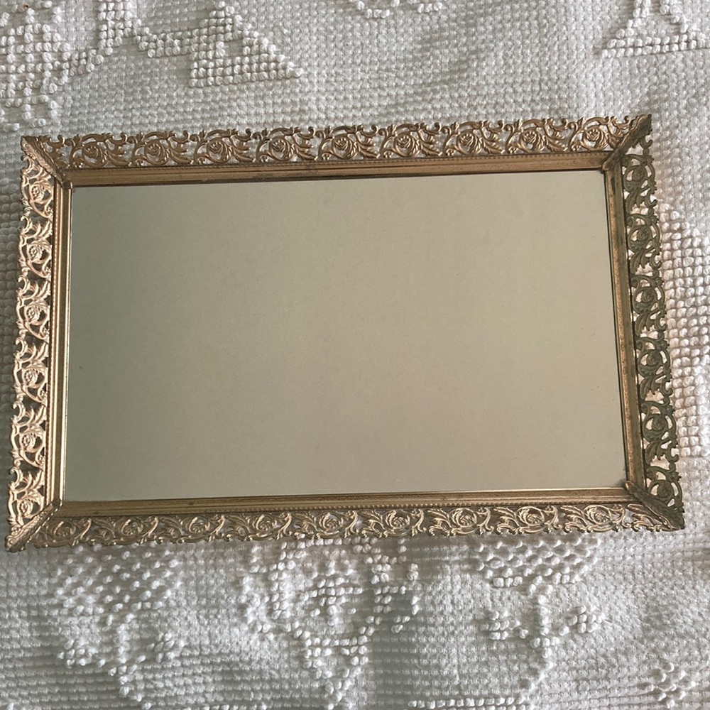 Vintage Filigree Gold Mirror Vanity Tray ,Wall Mirror, stand up vanity mirror